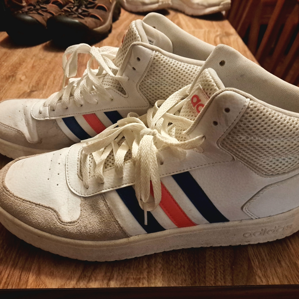 Adidas Hoops 2.0 Mid, White Sneakers With Blue And Orange Stripes